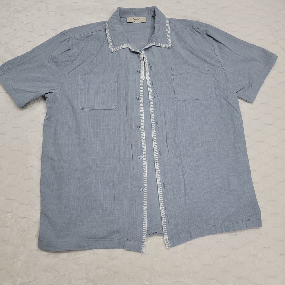 Cove Australia Shirt Mens XL Blue Cotton Blanket Stitch Short Sleeve Button Down